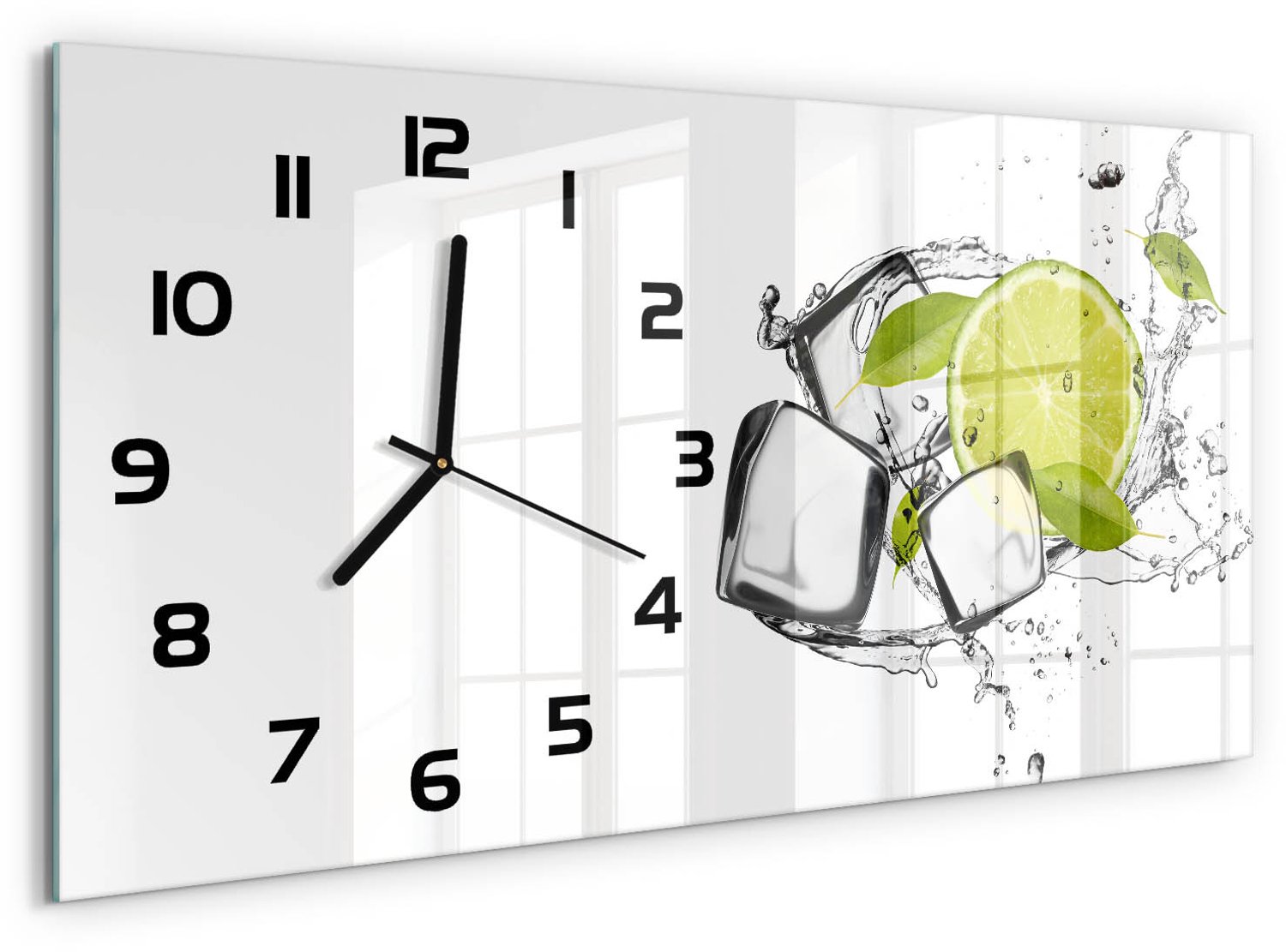 TULUP Wandklok - Limoen met ijs Wandklok Glas Decoratie - 60x30 cm - Groente Gekleurde Glazen Klok - Zwarte handen - Rechthoekige Klok - Klok Glas Met Opdruk - Moderne Wandklok Glas