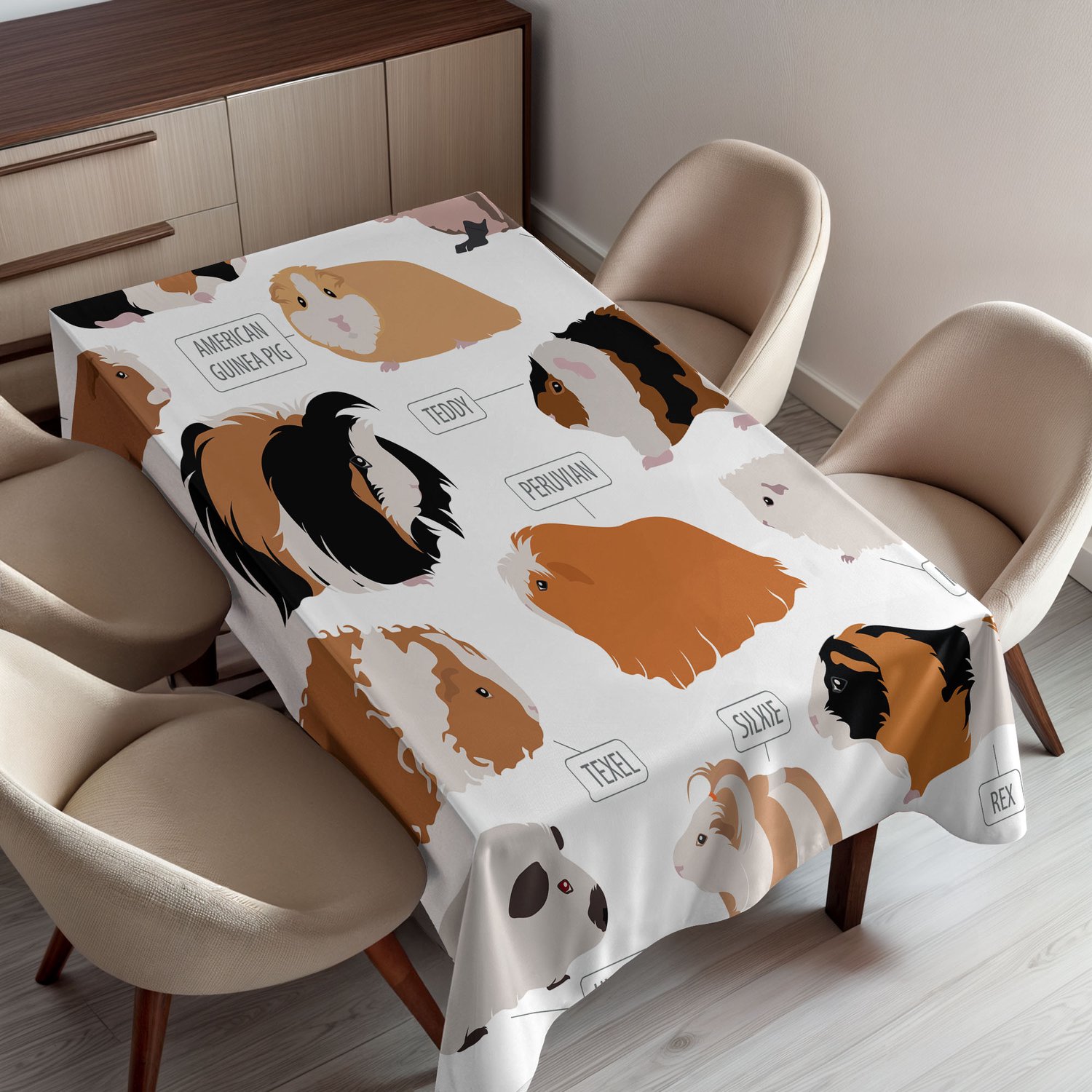 ABAKUHAUS Cavia Tafelkleed, Infografisch Ontwerp met Classificatie van Verschillende Knaagdierrassen, Rechthoekig Tafelkleed voor Eetkamer Keukendecoratie, 130 x 150 cm, Bruin Gember