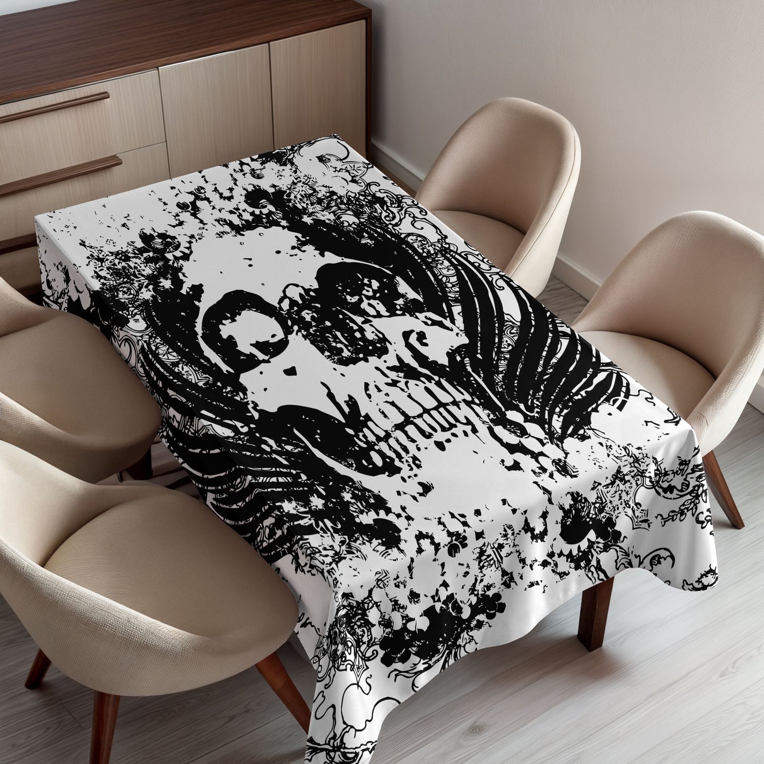 ABAKUHAUS Gotisch Tafelkleed, Enge Schedel in Grunge Schets Donker Horrorthema en Duistere Illustratie, Rechthoekig Tafelkleed voor Eetkamer Keukendecoratie, 150 x 220 cm, Zwart en Wit
