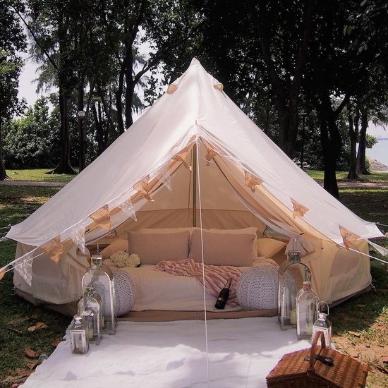 4m 900D Oxford Bell‑tent Luxe Glamping Tent Off‑wit met Schoorsteenopening — afbeelding 3