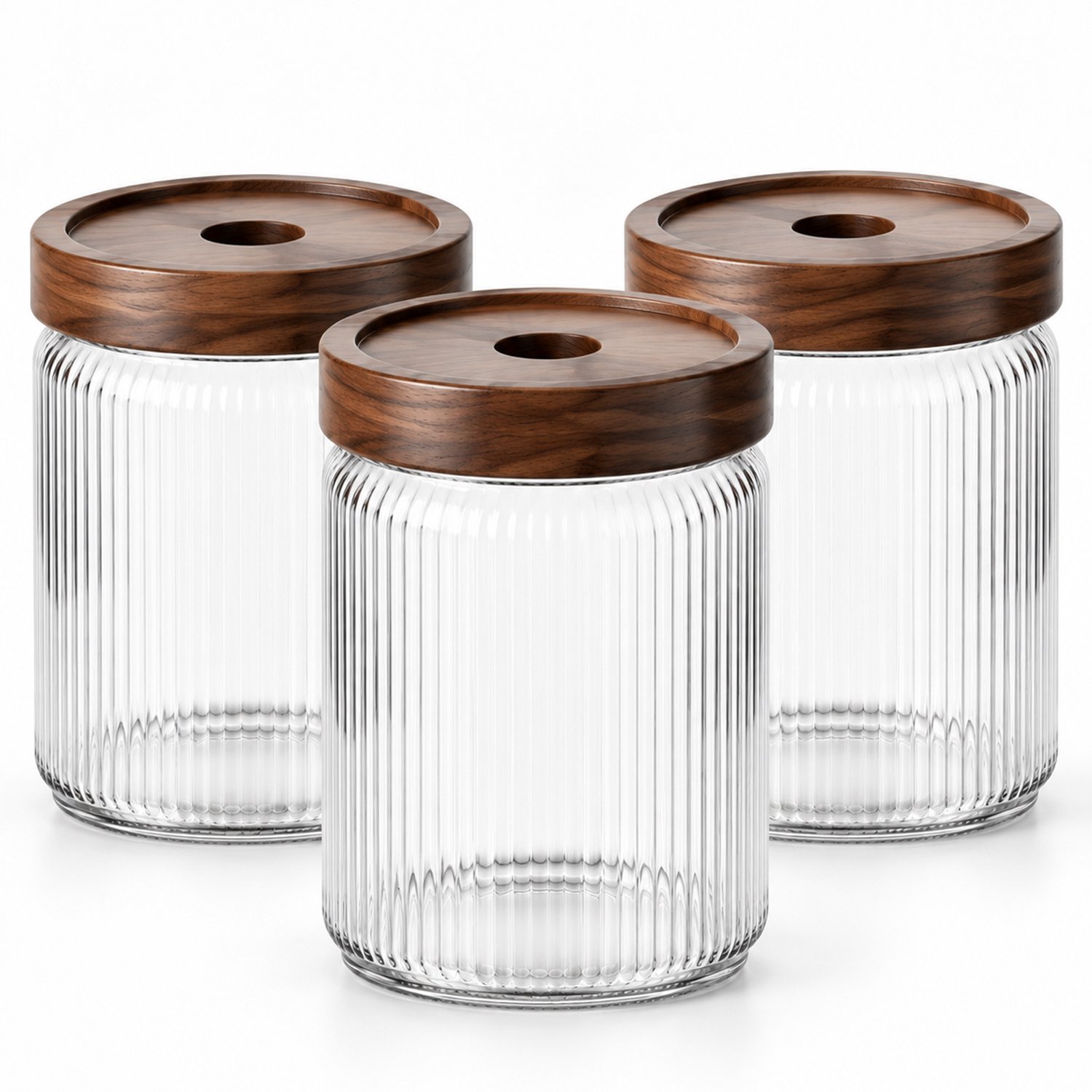 Geribbelde Glazen Voorraadpotten met Luchtdichte Deksels - Set van 3 Stuks - 500 ml