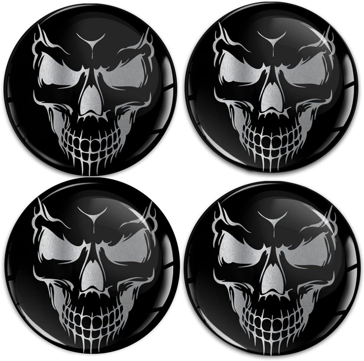 4 x 65 mm sticker 3D gel siliconen autosticker stickers doodshoofd schedel zilver velgenstickers wieldoppen naafdop wielnaafdop autotuning A 9265
