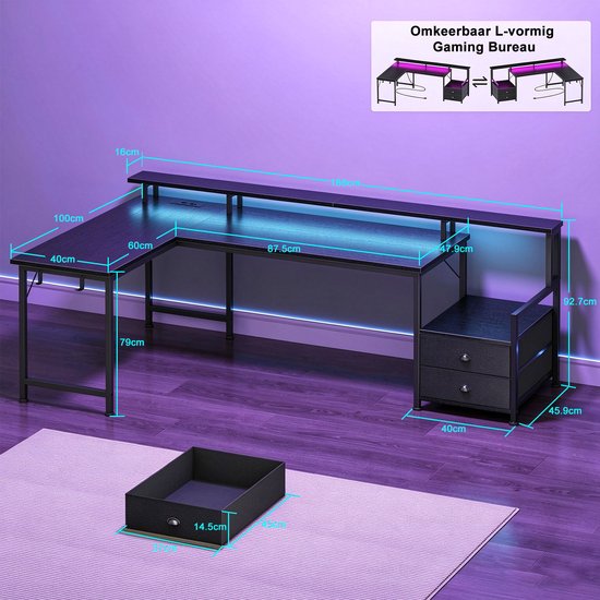 Omkeerbaar L-vormig gaming bureau met afmetingen en twee stoffen lades.