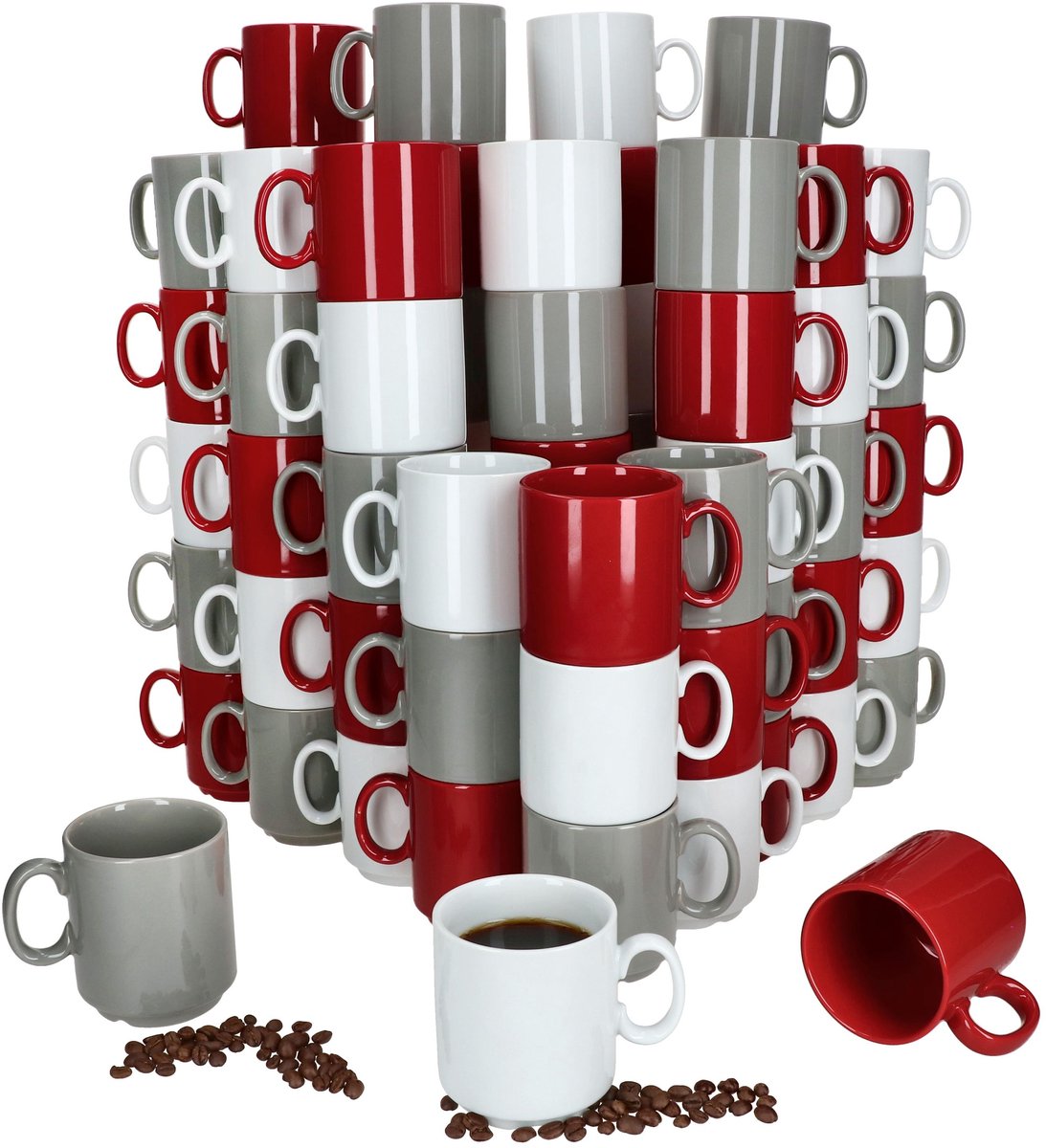 Set van 72 EVENT stapelbare koffiemokken TRIO wit grijs rood porselein 250 ml