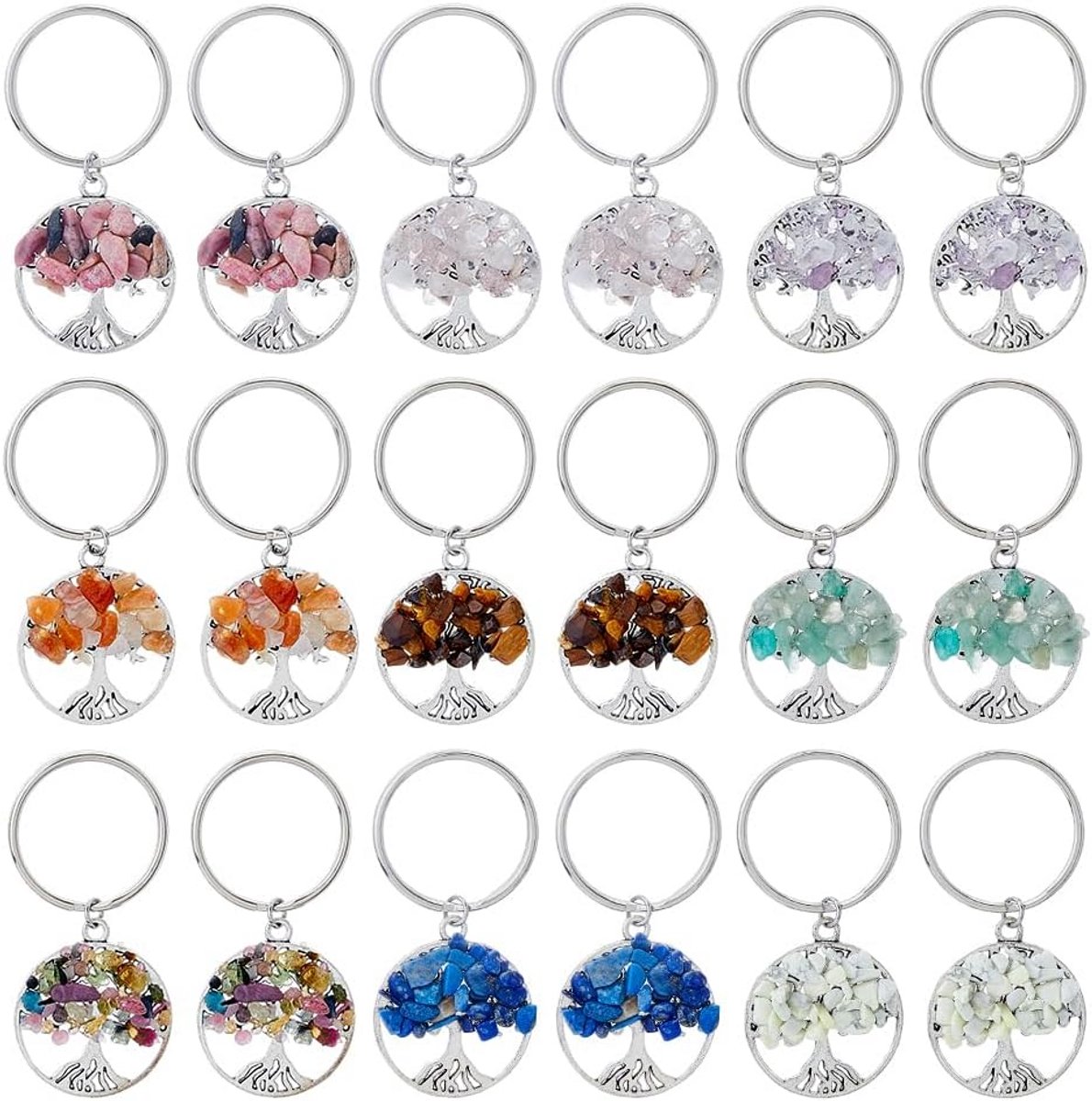 Set van 18/20 Levensboom Sleutelhangers met Natuurlijke Kristalstenen - Handgemaakte Edelsteen Hangers