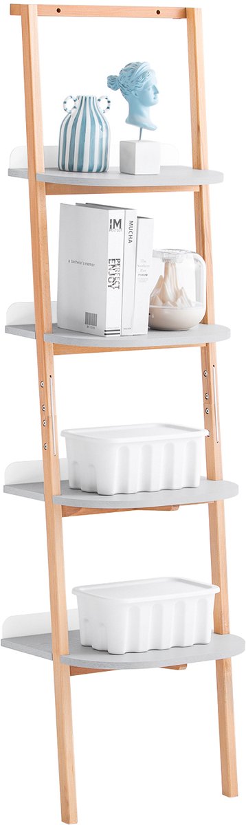 SoBuy HSTR02-K-HG Ladderkast met 4 Niveaus - Smalle Boekenkast en Opbergrek op Poten - Voor Woonkamer, Slaapkamer en Kantoor - 44 x 39 x 169 cm - Grijs Grijs, Houtkleur