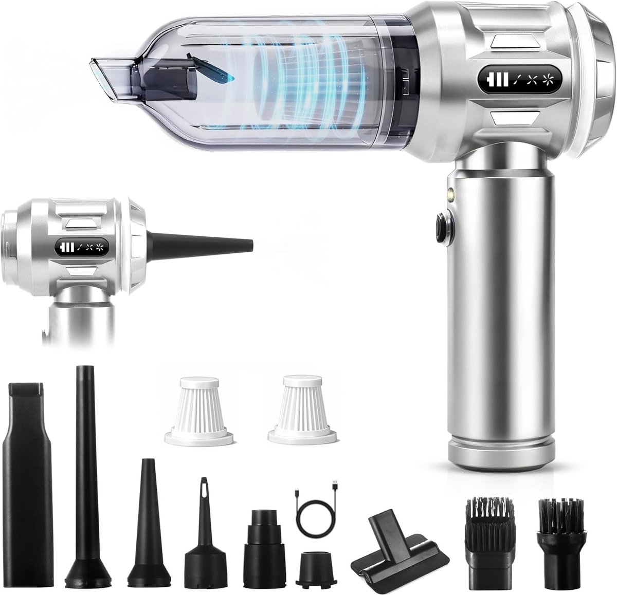 NETTLIFE Kruimeldief Handstofzuiger - 25000Pa Draadloos Oplaadbaar - 4-in-1 Auto Stofzuiger Met Air Duster Blazen - 3 Standen - Draagbaar voor Huishouden & Dierenharen - Zilver