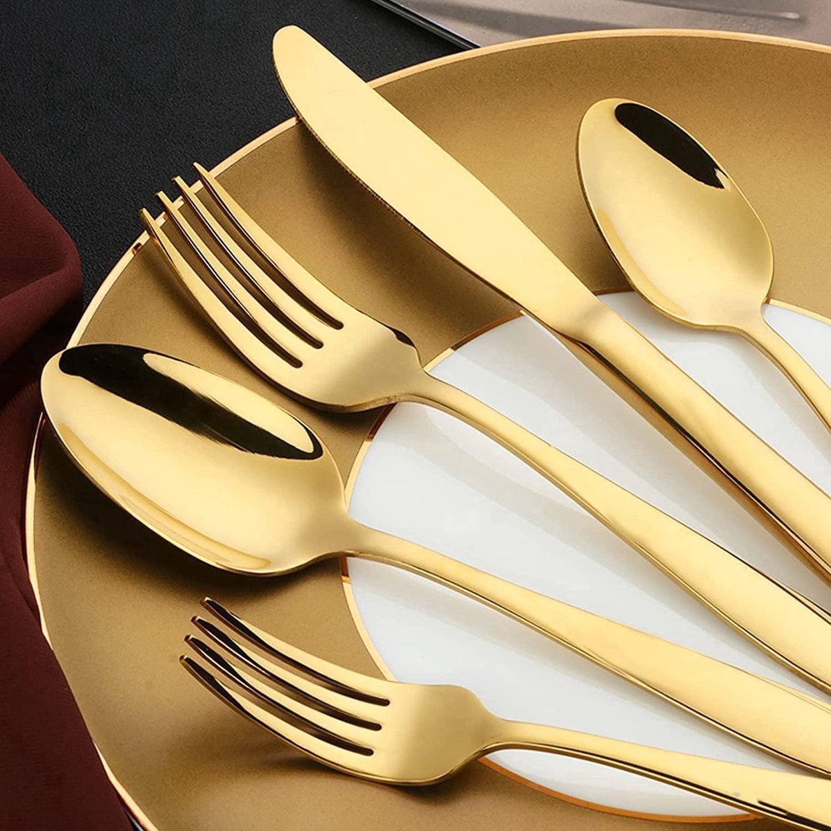 Stunq® Bestekset voor 6 personen, roestvrij staal, 30-delig, bestekset met mes, vork, lepel, gouden bestekset, glanzend, vaatwasmachinebestendig
