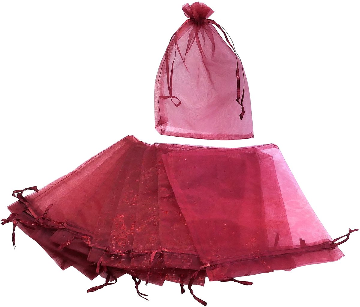 set van 10 tassen-tassen-geschenkzakjes van transparant organza-sieraden 150x200 mm - trekkoordsluiting - kleur wijnrood