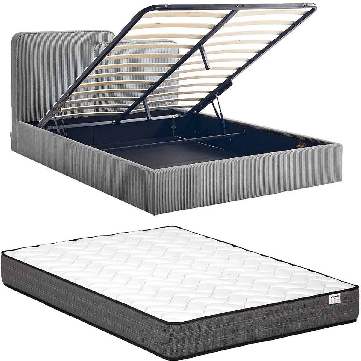 Vente-unique Bed met opbergruimte stof grijs 180 x 200 cm (Super King Size Bed)