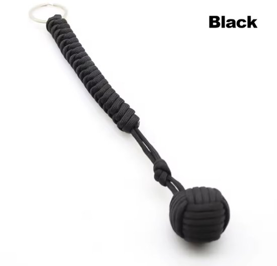 Zwarte paracord sleutelhanger met een stalen bal aan het uiteinde.