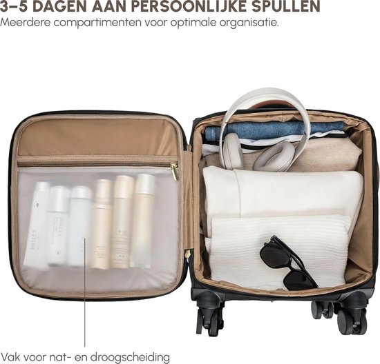 Opengepakte zwarte koffer met witte en bruine accenten. Binnenkant met ritsvak voor natte en droge spullen.