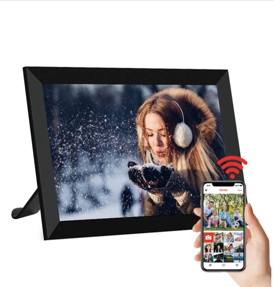 Digitale fotolijst met WiFi-icoon, met een foto van een meisje in de sneeuw, en een telefoon met foto's.