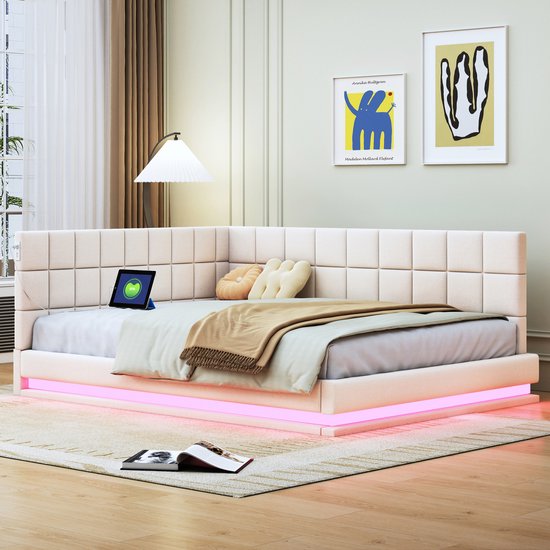 Wishdor – Gestoffeerde Slaapbank 140x200 cm – Met LED & USB – Inclusief Lattenbodem – Stijlvol & Multifunctioneel – Linnen – Beige