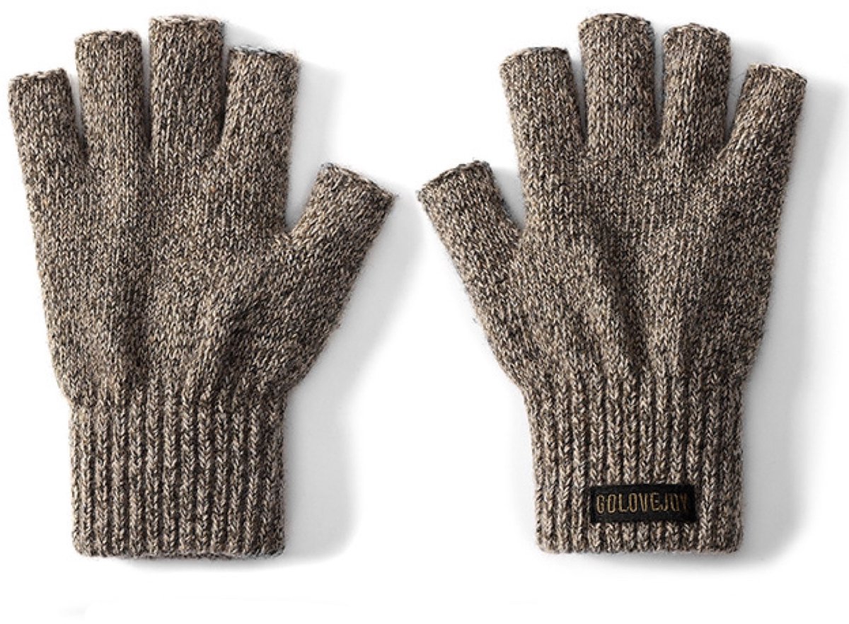 Handschoenen Heren, 50% Wol, 50% Acryl, Open Vingertoppen Handschoen voor Typen & Rijden - Bruin