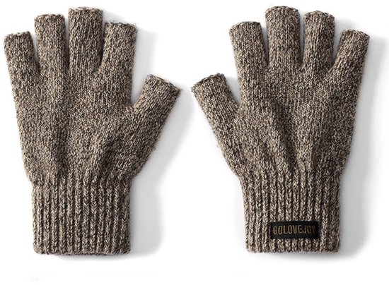 Bruine gebreide vingerloze handschoenen met gestreepte boorden en een zwart label.