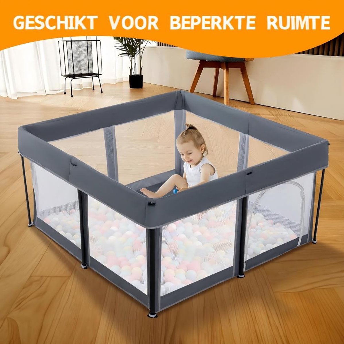 Grondbox inklapbare speelbox grijs - 125x125x65 cm - 50 ballen thumbnail 5