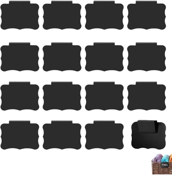 16 stuks - mand etiketten - mand clips om te labelen - stoffen mandetiketten - voor voorraadkast en keukenkastjes - zwart - 8.9×7cm