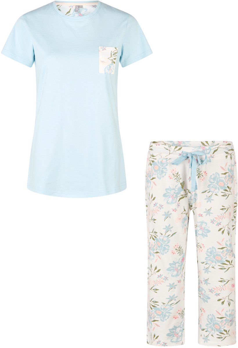 By Louise Dames Capri Pyjama Set Driekwart Blauw/Wit Gebloemd