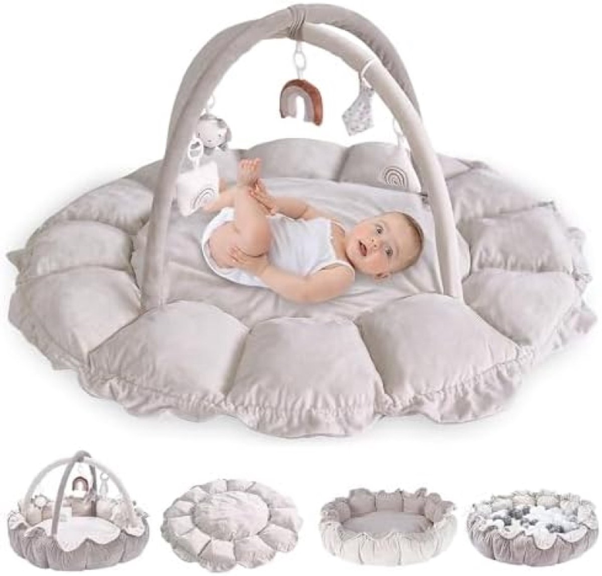 Babyspeelmat met speelboog, 2-in-1 multifunctionele kruipmat, roze, 18 ballen inbegrepen, speelboog, 7 afneembaar speelgoed, roze, vanaf de geboorte