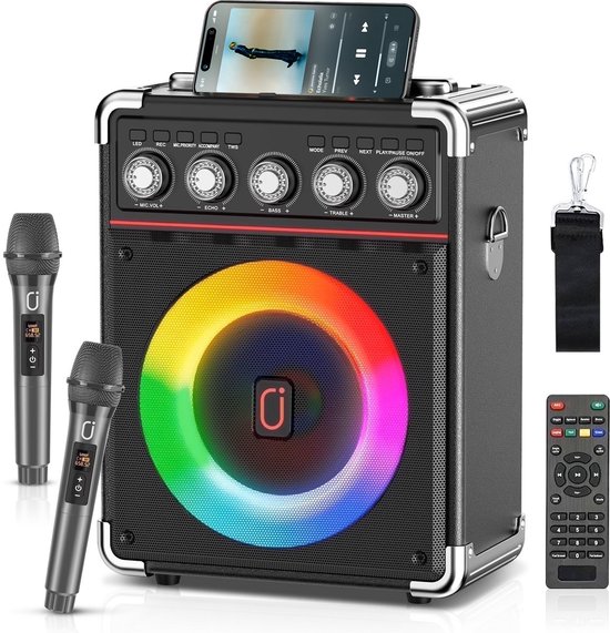 Karaoke Set Volwassenen – Draagbare Bluetooth Speaker Partybox – 2 Draadloze Microfoons – Bluetooth 5.0 – 16.5cm Subwoofer – 3D Geluid & Afstandsbediening