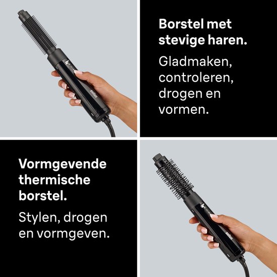 Zwarte stijltangborstel in hand. Borstel met stevige haren. Gladmaken, controleren, drogen en vormen.
