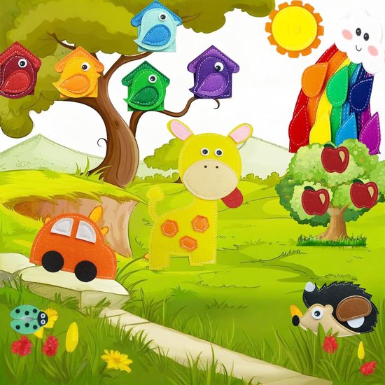 Scene met een gele giraf met oranje tong, oranje auto, vogels in een boom, appelboom en een egel.