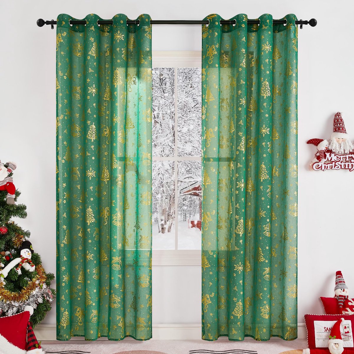 Unyqoos Transparante kerstgordijnen met feestelijke print voor sfeervolle woonkamer groen