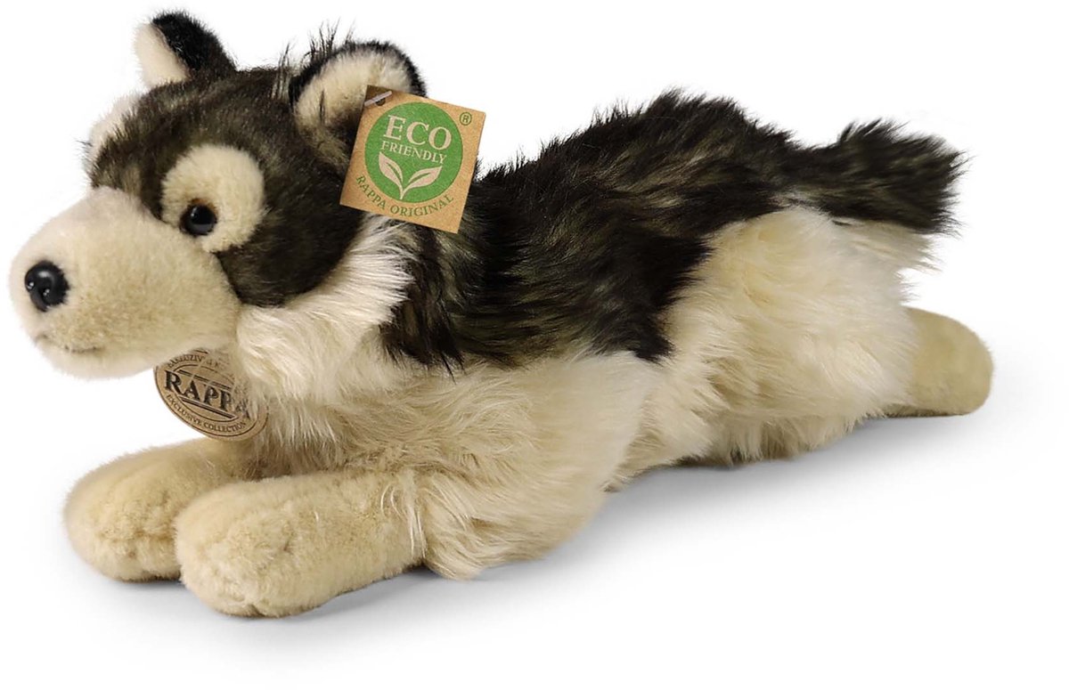 Rappa ECO knuffel wolf 38 cm - realistische knuffel van recyclede PET flessen - zwart creme
