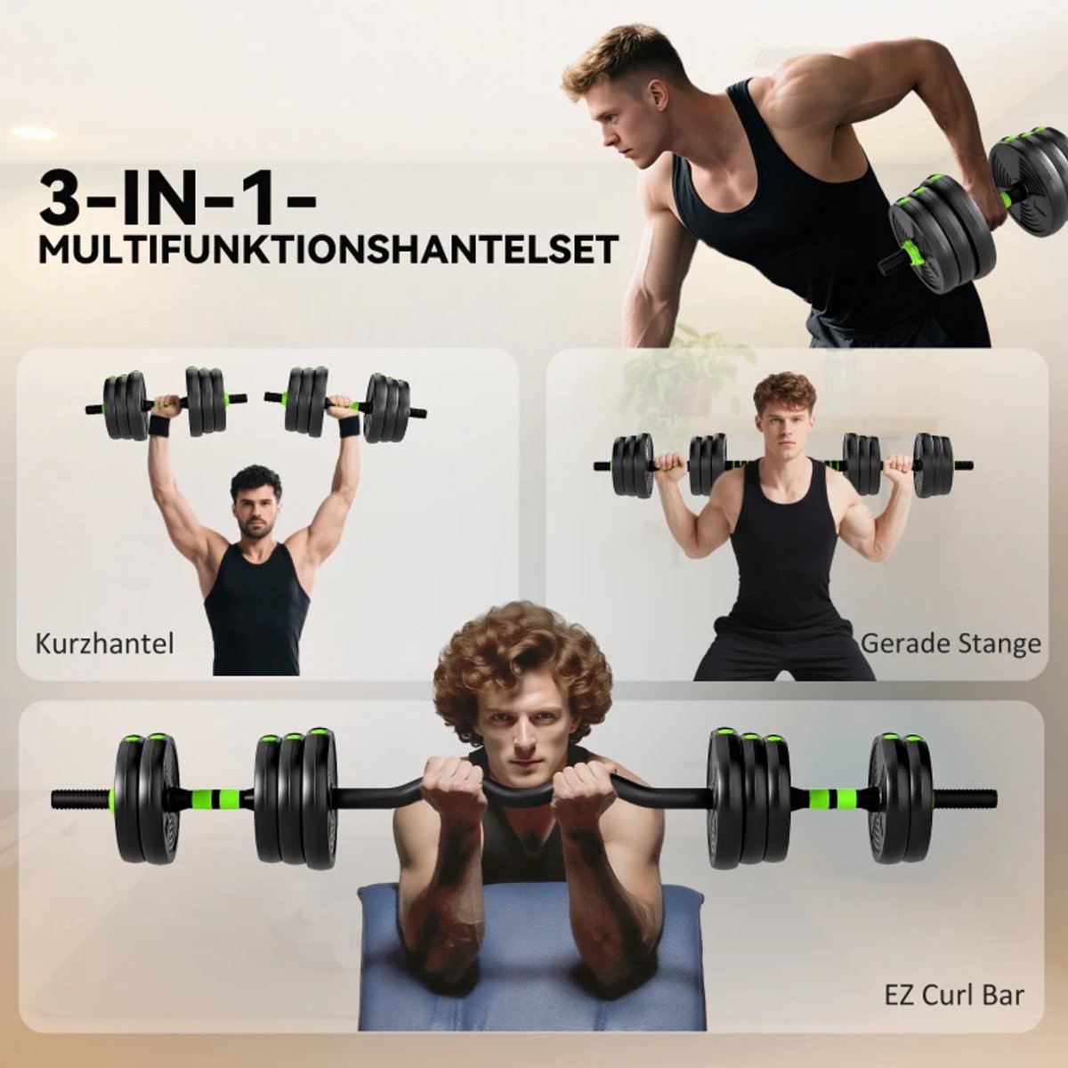 3-in-1 Verstelbare Dumbbells, Halter & Kettlebell Set - Gewichten Set met 12 Schijven: 4 x 2 kg, 4 x 1,5 kg, 4 x 1,25 kg- 20 KG Verstelbare Halterset - Thuis Fitness - Thuisgym - Zwart/Groen – foto 4