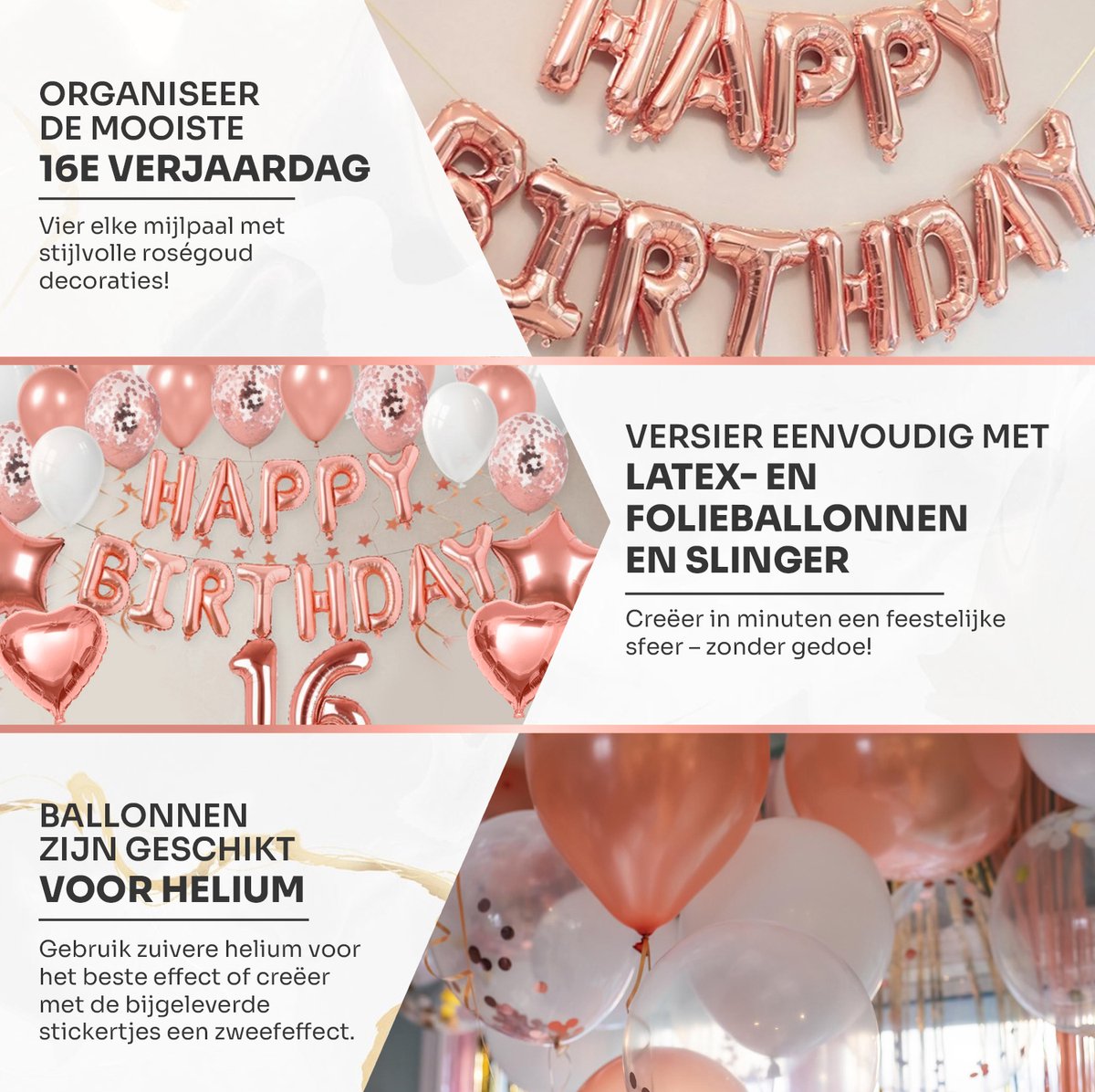 Vitamo™ Roségoud Sweet 16 - 16 Jaar Verjaardag Versiering- Feestversiering - Happy Birthday - Feestpakket - Ballonnen - Slinger - Verjaardagsfeest - Feestartikelen - Feestdecoratie Roze Goud — afbeelding 2