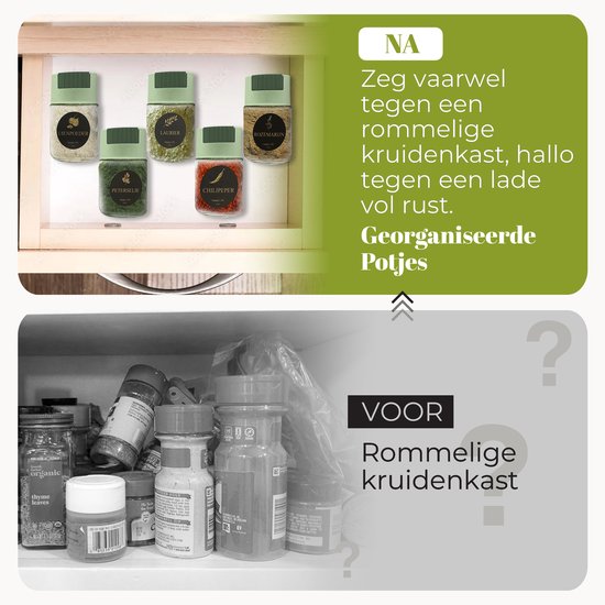 Georganiseerde kruidenpotjes in een lade, contrasterend met een rommelige kruidenkast.