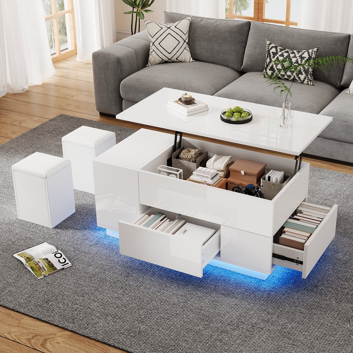 STILVORA Salontafels Koffietafel - Salontafel Met 2 Laden En LED - Bijzettafeltjes Woonkamer, Verstelbaar Met Verstopte Stauraum - 100x50x45 cm - Spaanplaat - Wit