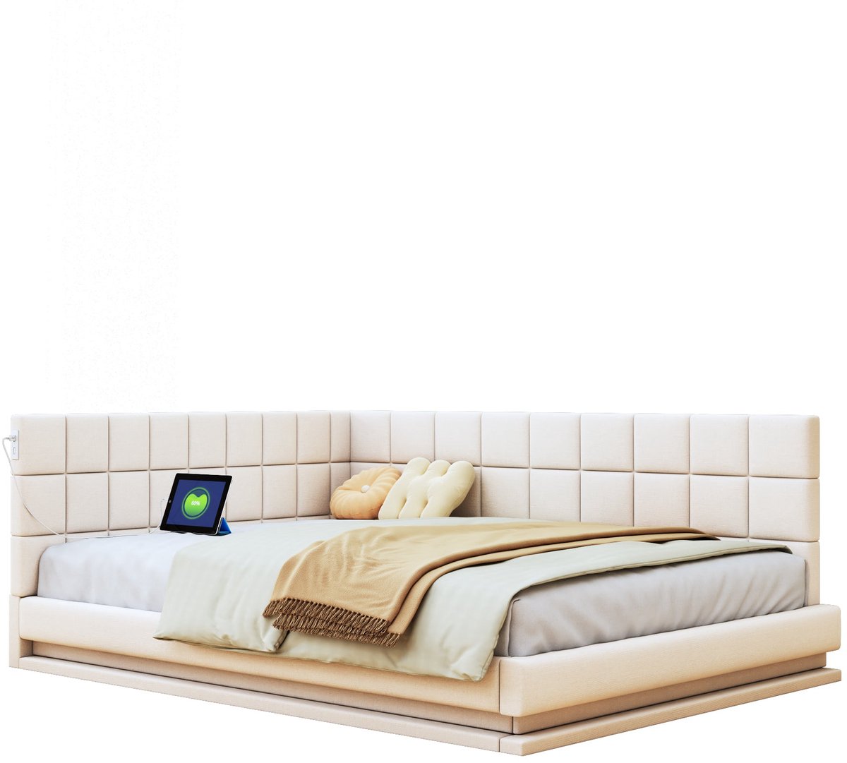Merax Gestoffeerd Bed 160x200 - Linnen - LED Verlichting met Afstandsbediening en USB-poort - Houten Lattenbodem - Beige