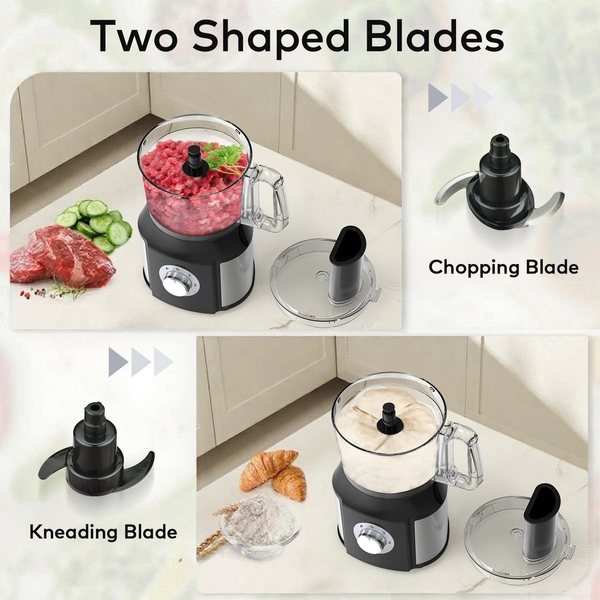 Royal Swiss® Foodprocessor 5-in-1 – 550W – Keukenmachine met Blender, Hakmolen, Citruspers & Snij-/Raspbladen – 2 Snelheden + Pulse – Black Edition thumbnail 3
