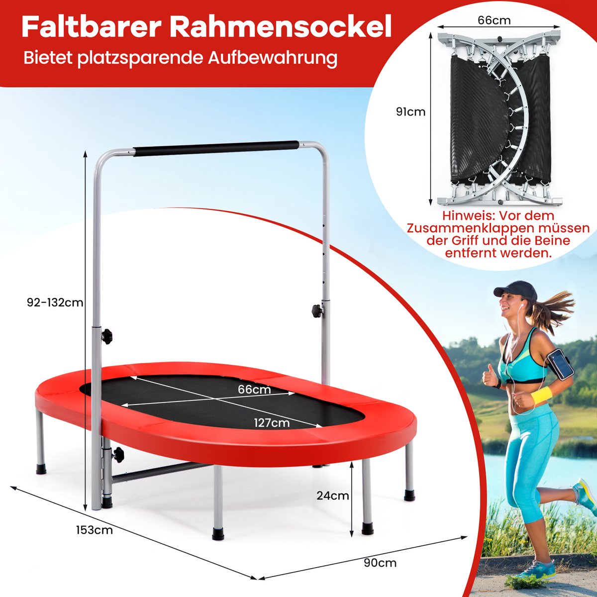 COSTWAY Trampoline voor 2 personen, met in hoogte verstelbare handgreep, mini-trampoline tot 150 kg belastbaar, kindertrampoline inklapbaar, tuintrampoline voor kinderen en volwassenen (rood) — afbeelding 6