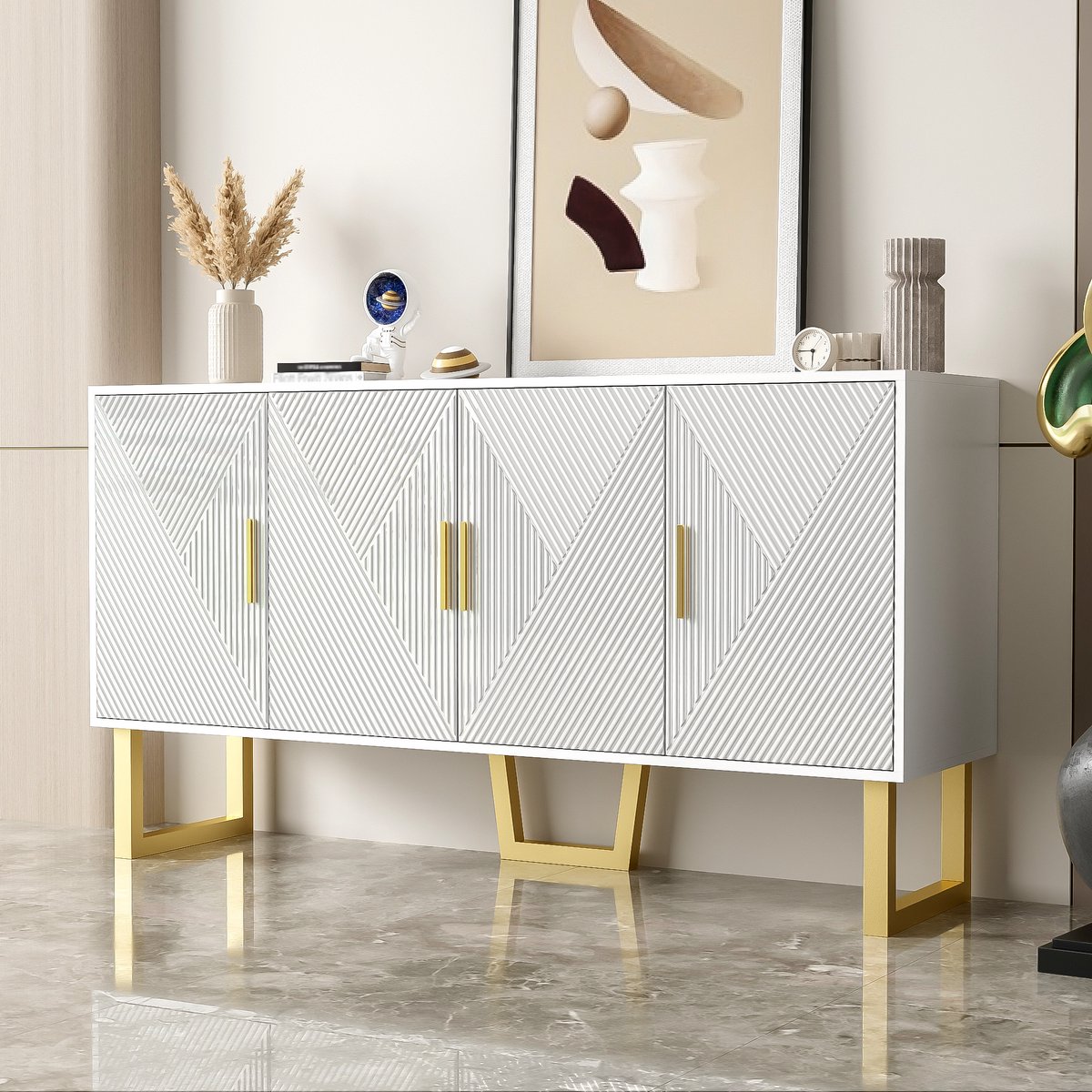OKWISH Dressoirs - Kast Met Hoogglanzende Deuren En Gedempte Scharnieren - Praktisch En Stijlvol - MDF - Wit - 150x40x82 cm