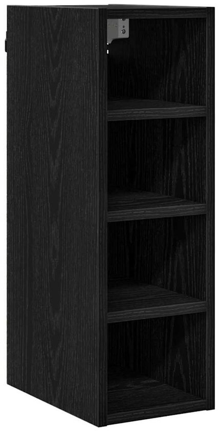 Armoire murale étroite et noire avec quatre étagères ouvertes, de forme rectangulaire.