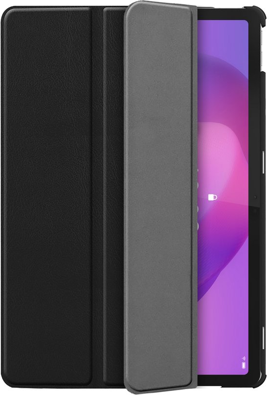 Étui TriFold noir, partiellement ouvert, avec une tablette Lenovo affichant un écran violet. L'étui est sur fond noir.