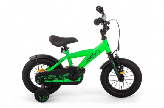 AMIGO Explorer Jongensfiets 12 Inch - Kinderfiets voor 2 tot 4 Jaar - 90-105 cm - Terugtraprem - Groen/Zwart