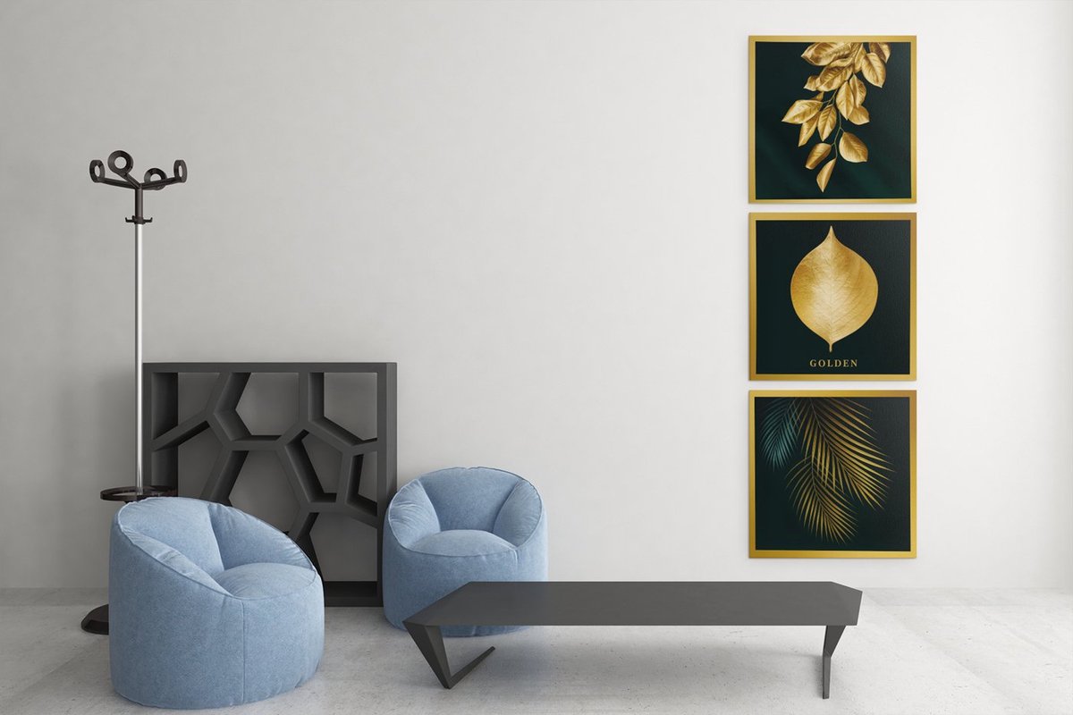 Trendex Global Drieluik Canvas Schilderij Gouden Bladeren – Luxe Wanddecoratie - 3x100x100 cm