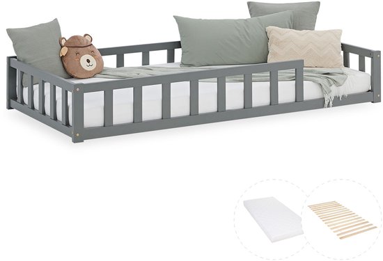 Lit enfant Homestyle4u - 90 x 200 cm - Lit au sol avec protection antichute et matelas - Grijs