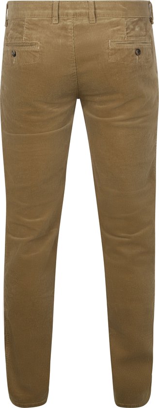 De achterkant van een beige corduroy broek met twee knoopsluiting zakken.
