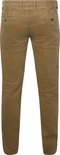 De achterkant van een beige corduroy broek met twee knoopsluiting zakken.