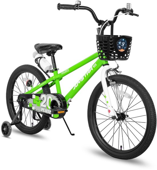 Groene Joystar Pluto kinderfiets, 20 inch, met mandje, flessenhouder, zijwieltjes en bel.