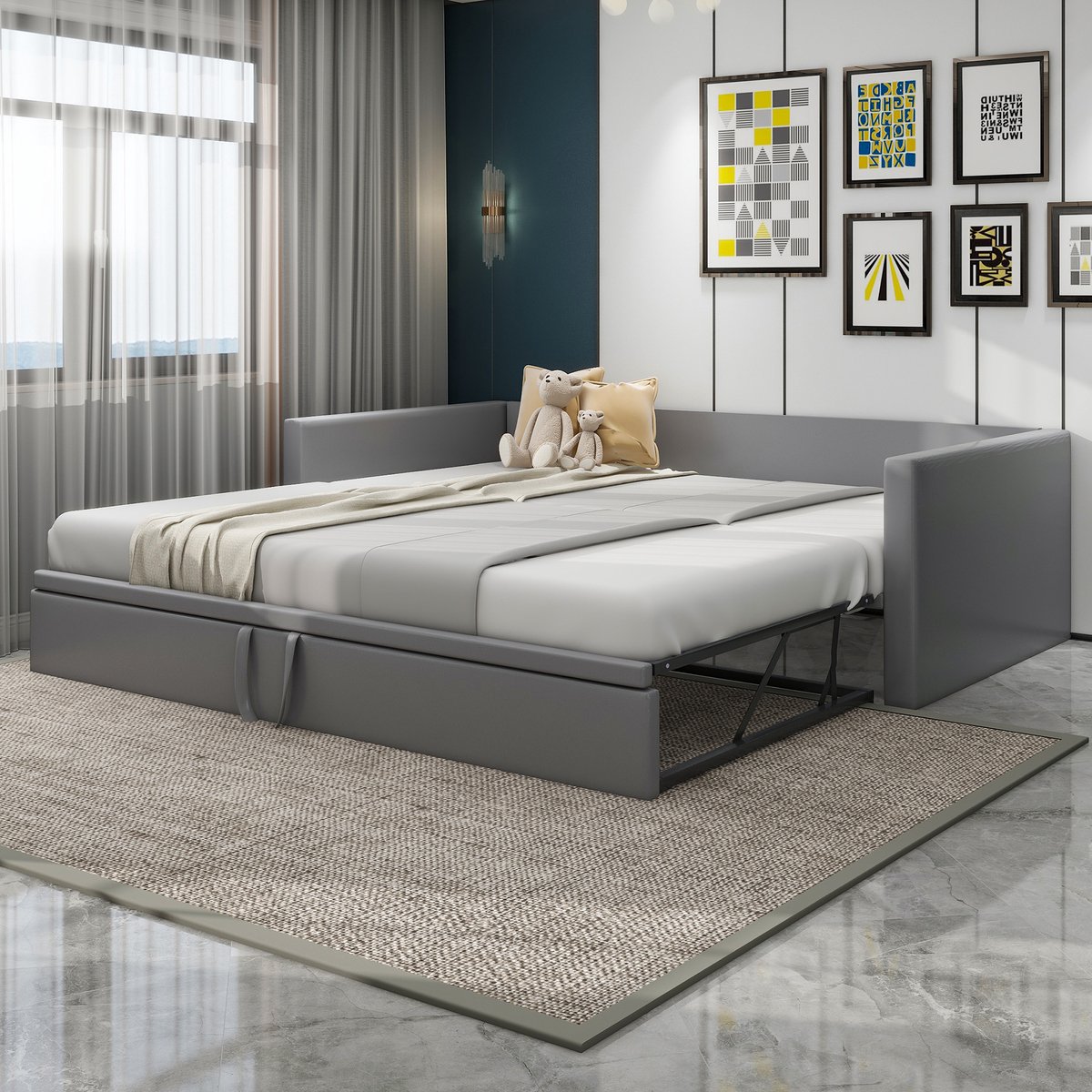 STILVORA Logeerbed 90/180x200 cm - Praktisch Tweepersoons Uitklapbed - Gewatteerd Bed - Fluweel - Lichtgrijs