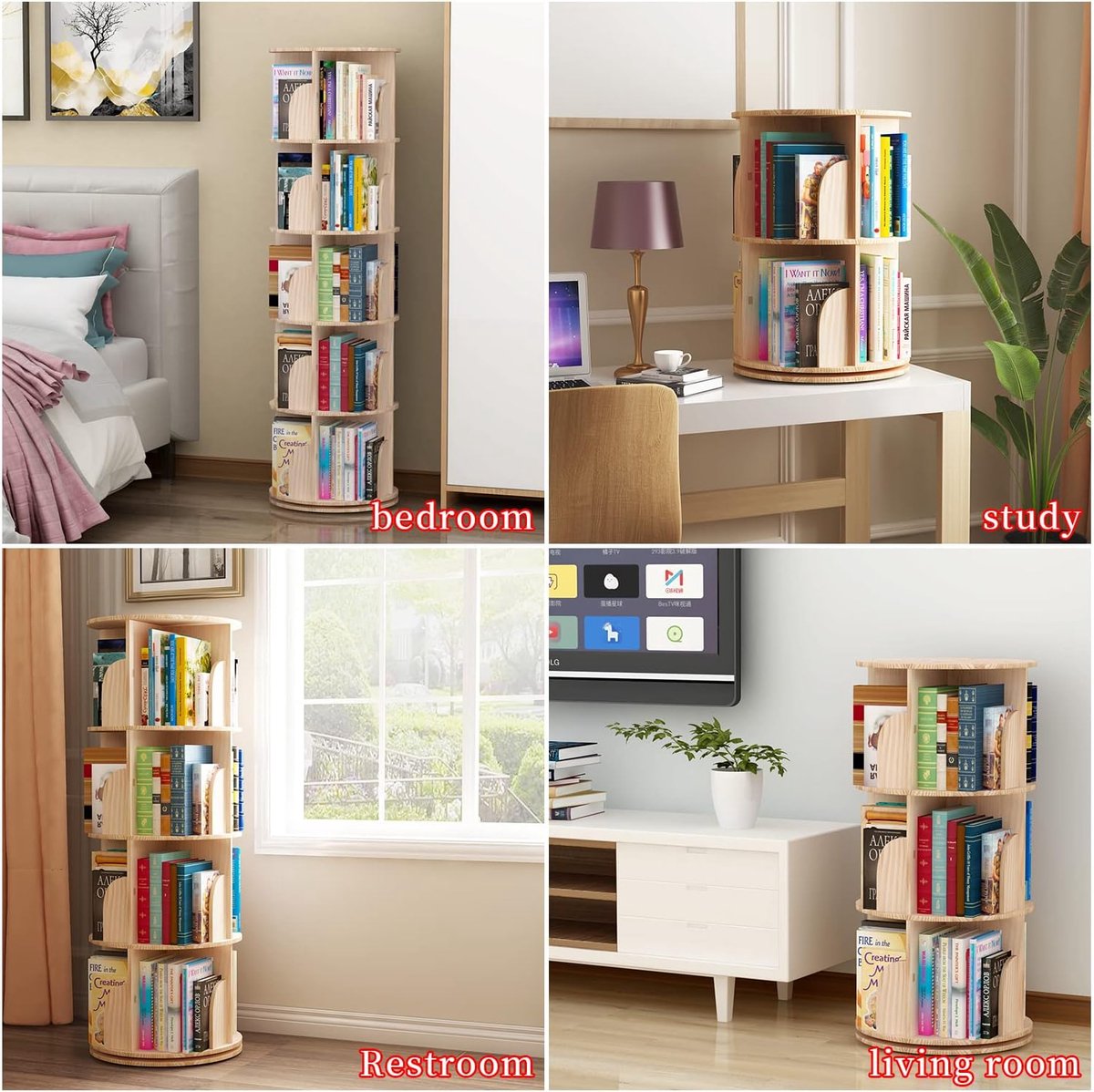 Zeshoekige Draaibare Boekenkast – 3 Planken – Hoekboekenkast voor Kinderkamer, Woonkamer en Kantoor – Houten Rotatie Opbergrek 360° – HxD: 90x46 cm