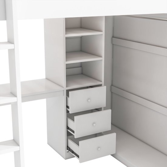 Lit mezzanine Merax 140x200 cm - avec bureau - armoire - 3 tiroirs - escalier - lit en bois avec espace de rangement - lit enfant avec bureau - Wit - sans Matras