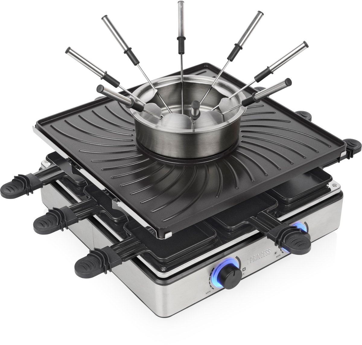 Princess Gourmetstel - Raclette en Fondue 31x31cm - 162670 - 1800W - 8 Personen - Incl vorkjes en spatels - 5-in-1 Functionaliteit - PFAS vrij - Grillen, bakken, funcook – foto 8