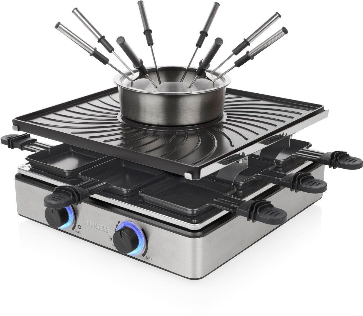 Princess Gourmetstel - Raclette en Fondue 31x31cm - 162670 - 1800W - 8 Personen - Incl vorkjes en spatels - 5-in-1 Functionaliteit - PFAS vrij - Grillen, bakken, funcook – foto 2